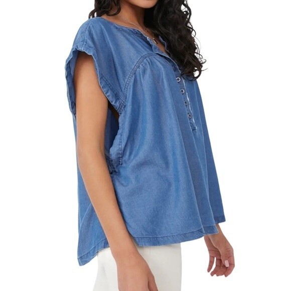NWT Free People We The Free Summer Love Top Flowy Indigo Blue Tie Sleeve Size XS - Picture 15 of 15